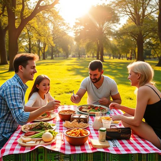 A heartwarming commercial featuring a family enjoying a picnic in a lush park, promoting a new line of organic food products.