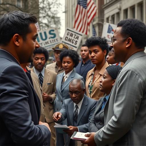 A historical documentary scene showcasing archival footage of a significant event in civil rights history, accompanied by modern-day interviews.