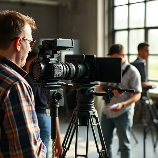 A team of filmmakers collaborating on set, reviewing footage on a monitor during the production of a corporate video.