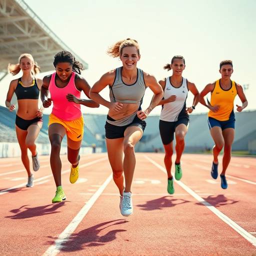 A vibrant and dynamic commercial shot featuring athletes endorsing a new line of sports apparel on a track field.