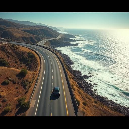 Aerial shot of a drone filming a car driving along the Pacific Coast Highway.