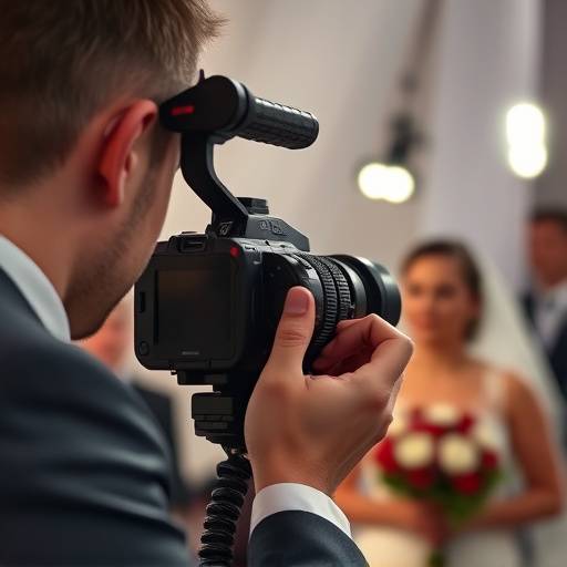 Close-up shot of a professional videographer adjusting the focus on a high-end camera during a wedding shoot.