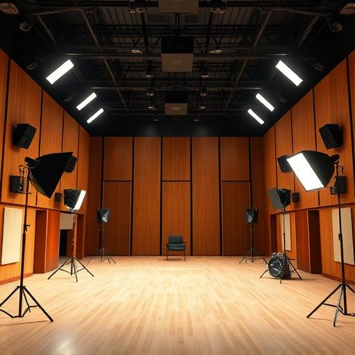 Interior of the Starlight Films soundstage, showcasing professional lighting equipment and a versatile shooting space.