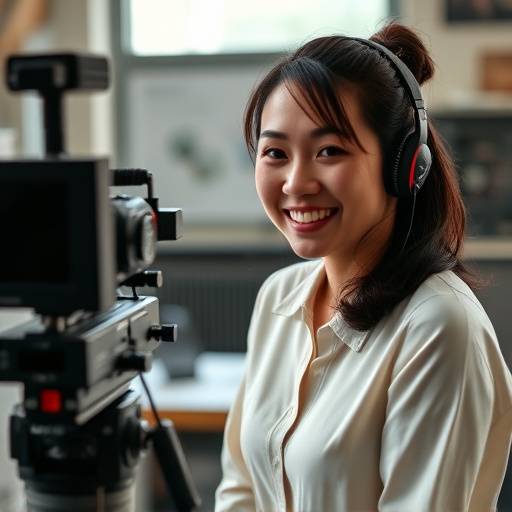 Portrait of Olivia Chen, Lead Editor at Starlight Films, smiling while working on a video editing workstation.