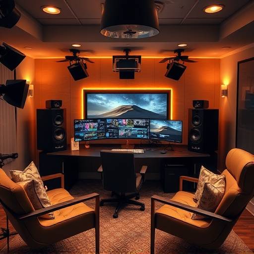 View of the editing suite at Starlight Films, featuring a high-end workstation and comfortable seating for clients.